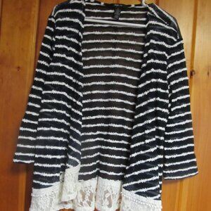 Sz L Black Cardigan Sweater Lace Pom Pom Sweater Cardigan Black & White Flowey